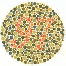 Ishihara test plate-12. Normal person see it as 97 while person with Red-green deficiency: most people don’t see anything or see something wrong