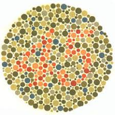 Ishihara test plate-13. Normal person see it as 45 while person with Red-green deficiency: most people don’t see anything or see something wrong