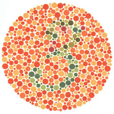 Ishihara test plate-7. Normal person see it as 3 while person with Red-green deficiency see it as 5